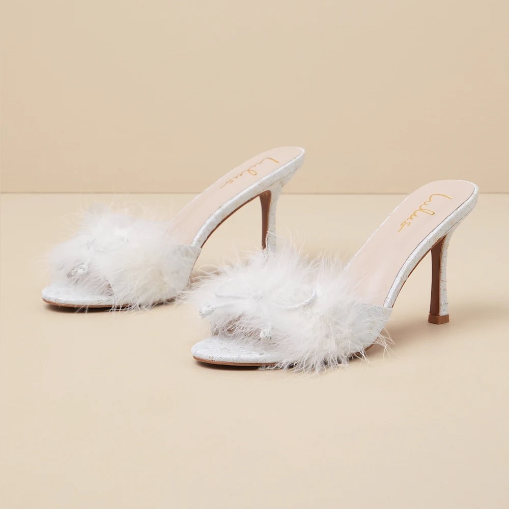 NWT Lulus Samariah Multi Lurex Feather High Heel Sandals